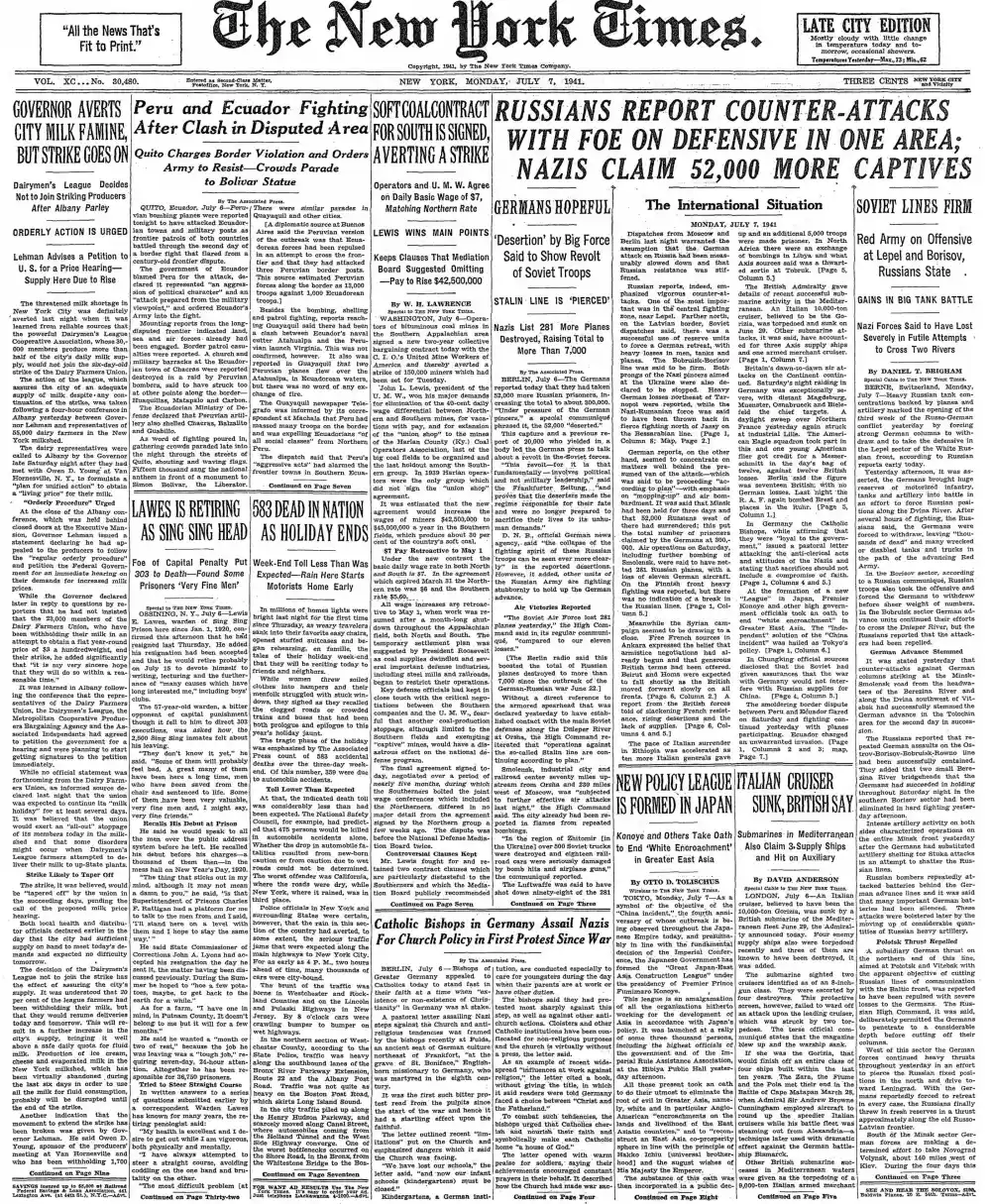 Monday, July 7, 1941 – The New York Times Front Page