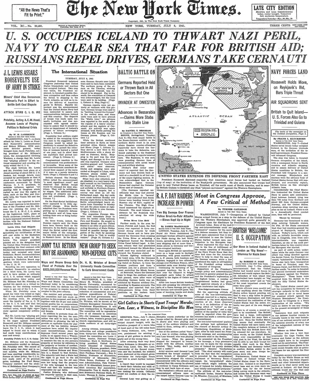 Tuesday, July 8, 1941 – The New York Times Front Page