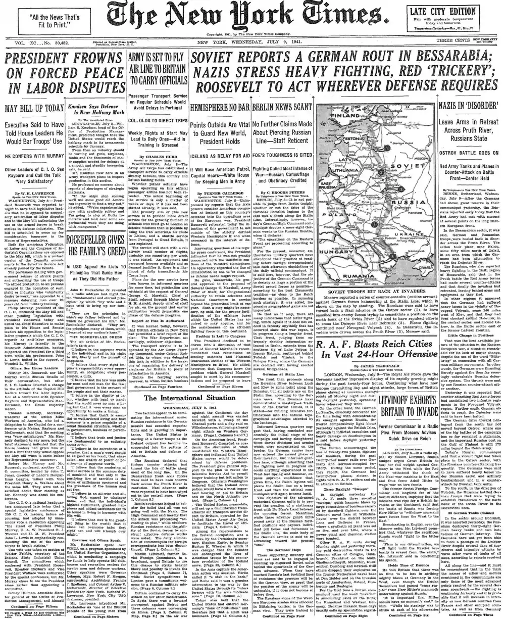 Wednesday, July 9, 1941 – The New York Times Front Page