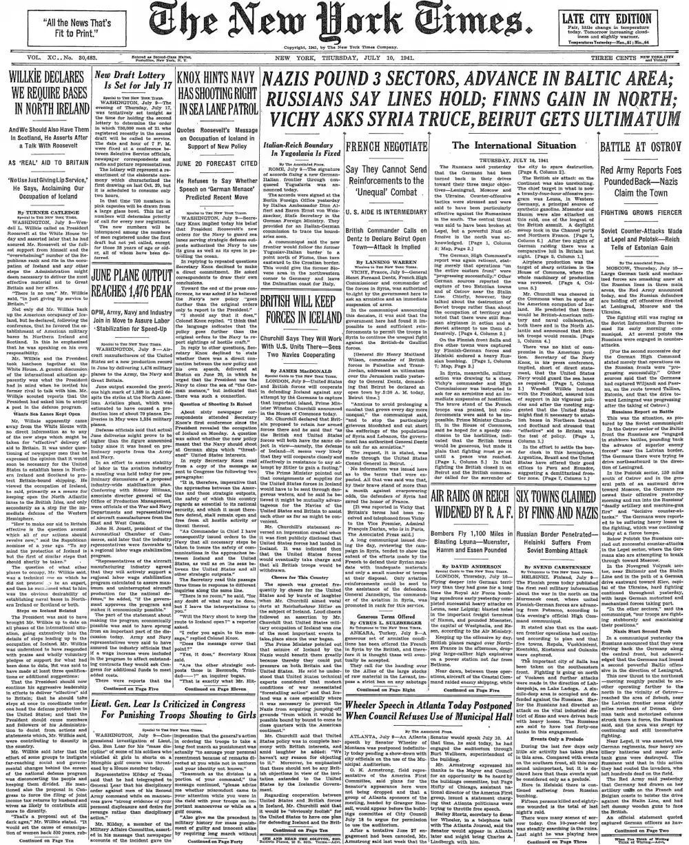 Thursday, July 10, 1941 – The New York Times Front Page