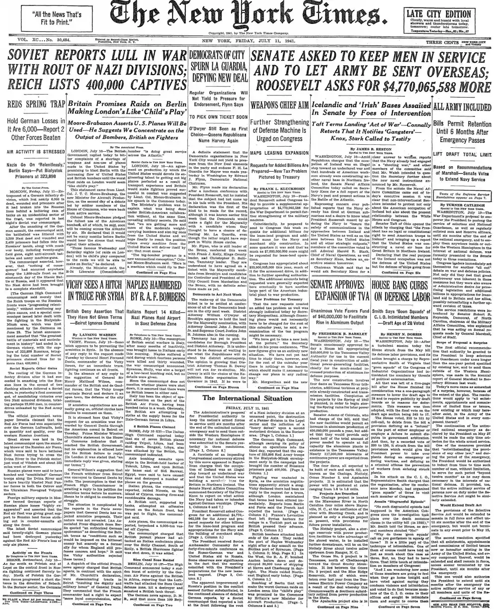 Friday, July 11, 1941 – The New York Times Front Page