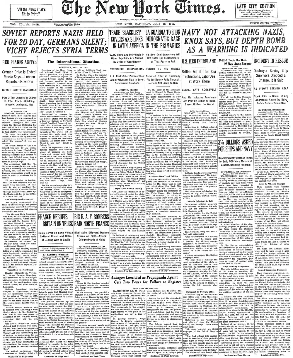 Saturday, July 12, 1941 – The New York Times Front Page