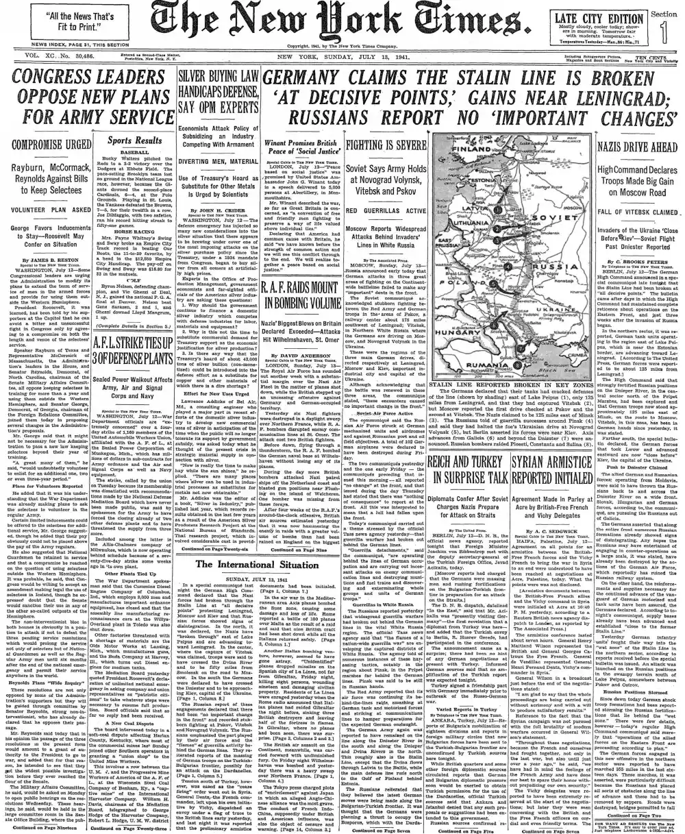Sunday, July 13, 1941 – The New York Times Front Page