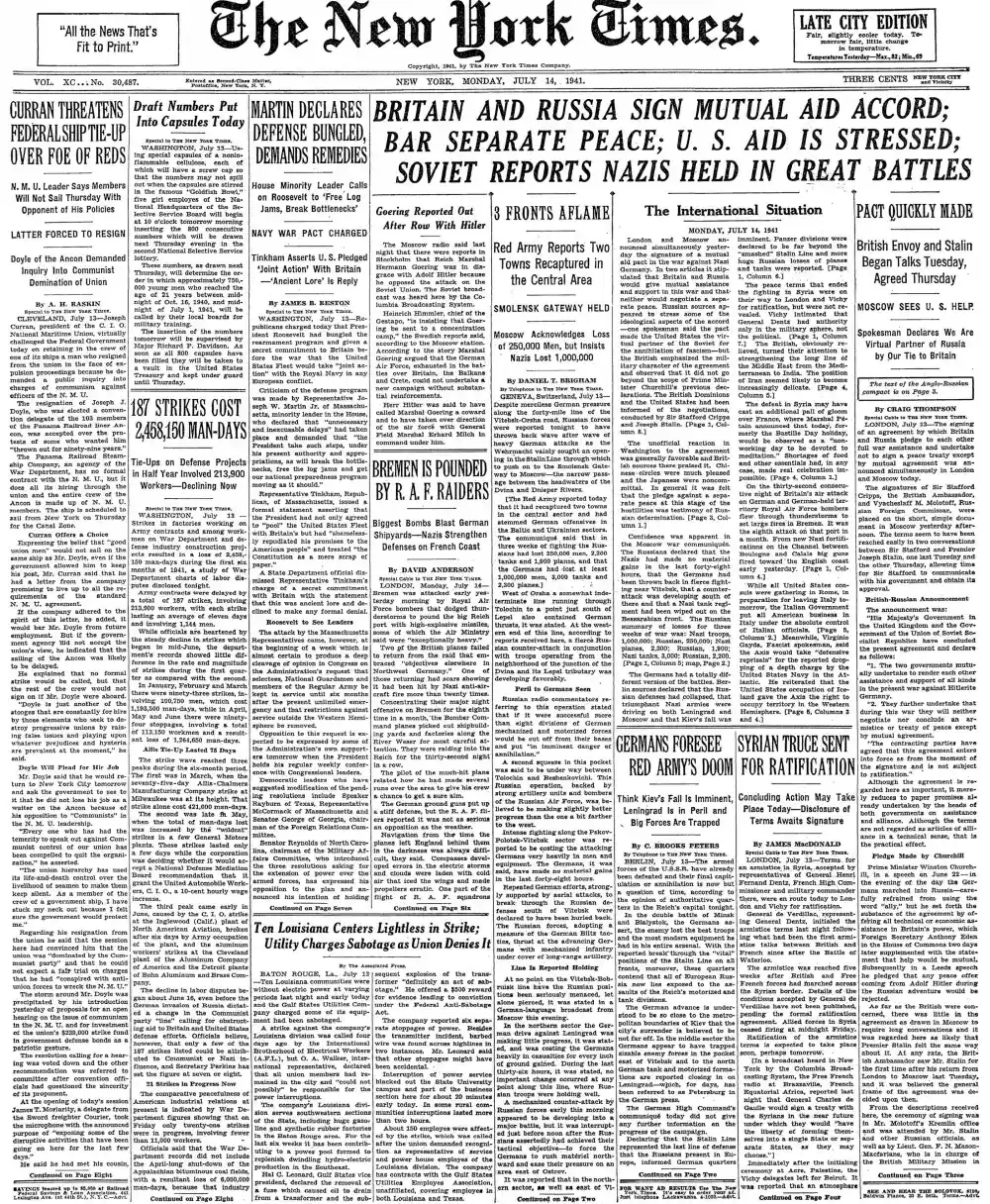 Monday, July 14, 1941 – The New York Times Front Page