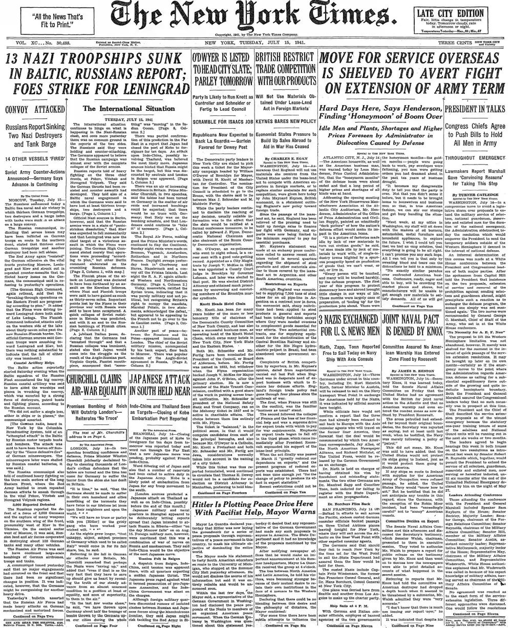 Tuesday, July 15, 1941 – The New York Times Front Page