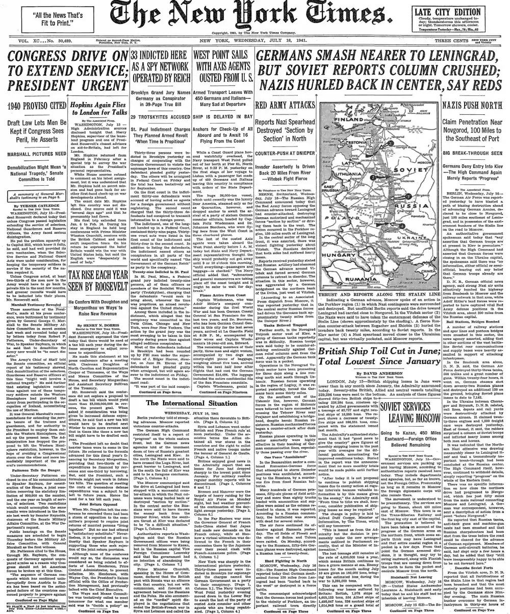 Wednesday, July 16, 1941 – The New York Times Front Page