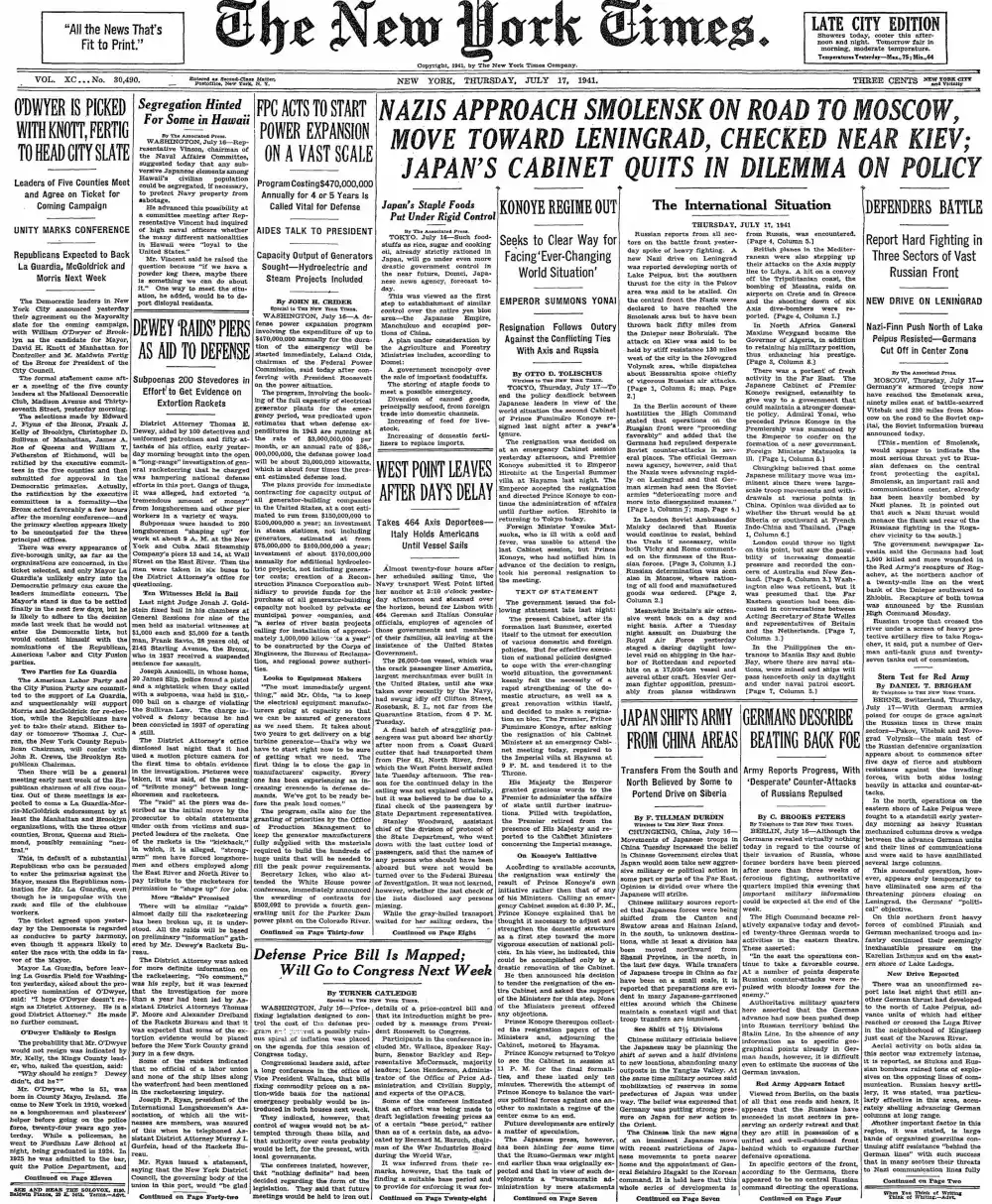 Thursday, July 17, 1941 – The New York Times Front Page