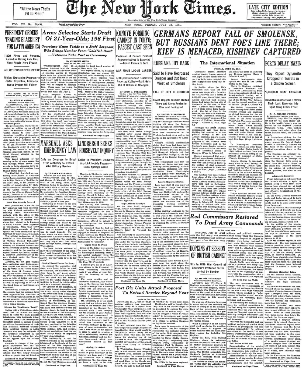 Friday, July 18, 1941 – The New York Times Front Page