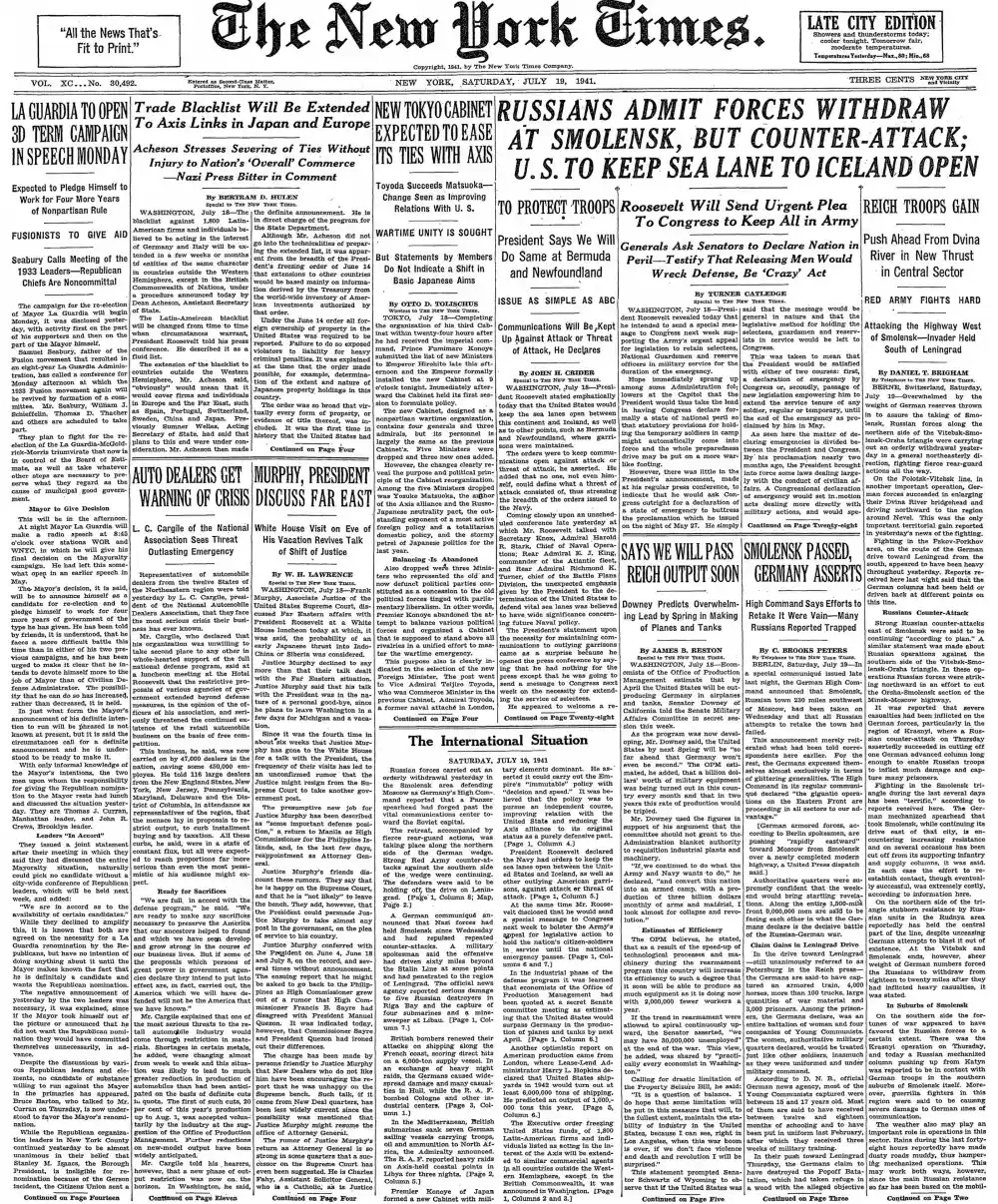 Saturday, July 19, 1941 – The New York Times Front Page