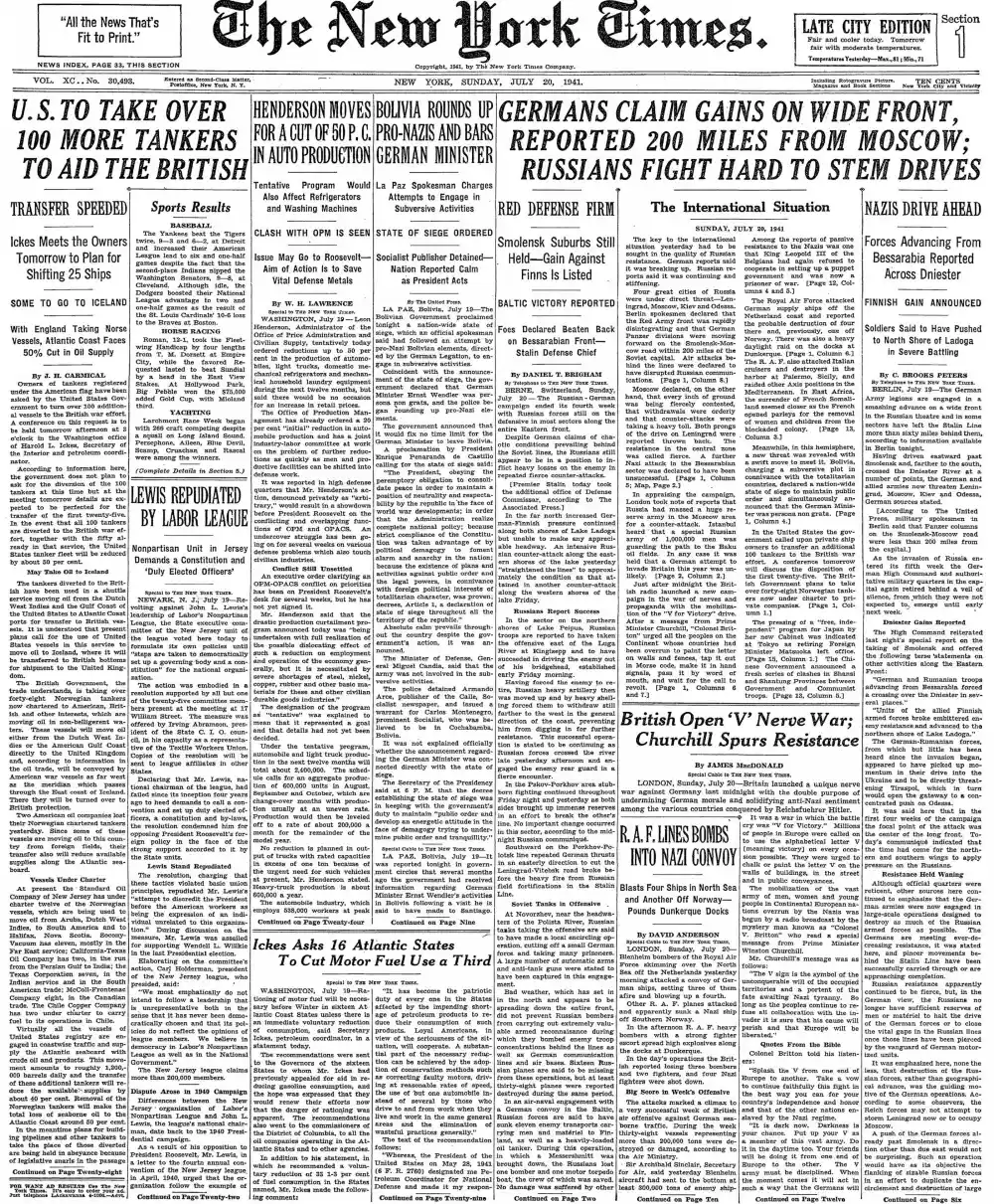 Sunday, July 20, 1941 – The New York Times Front Page