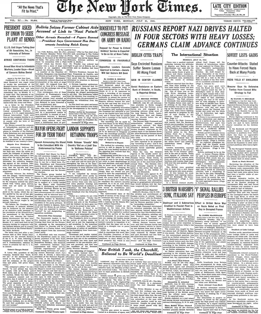 Monday, July 21, 1941 – The New York Times Front Page