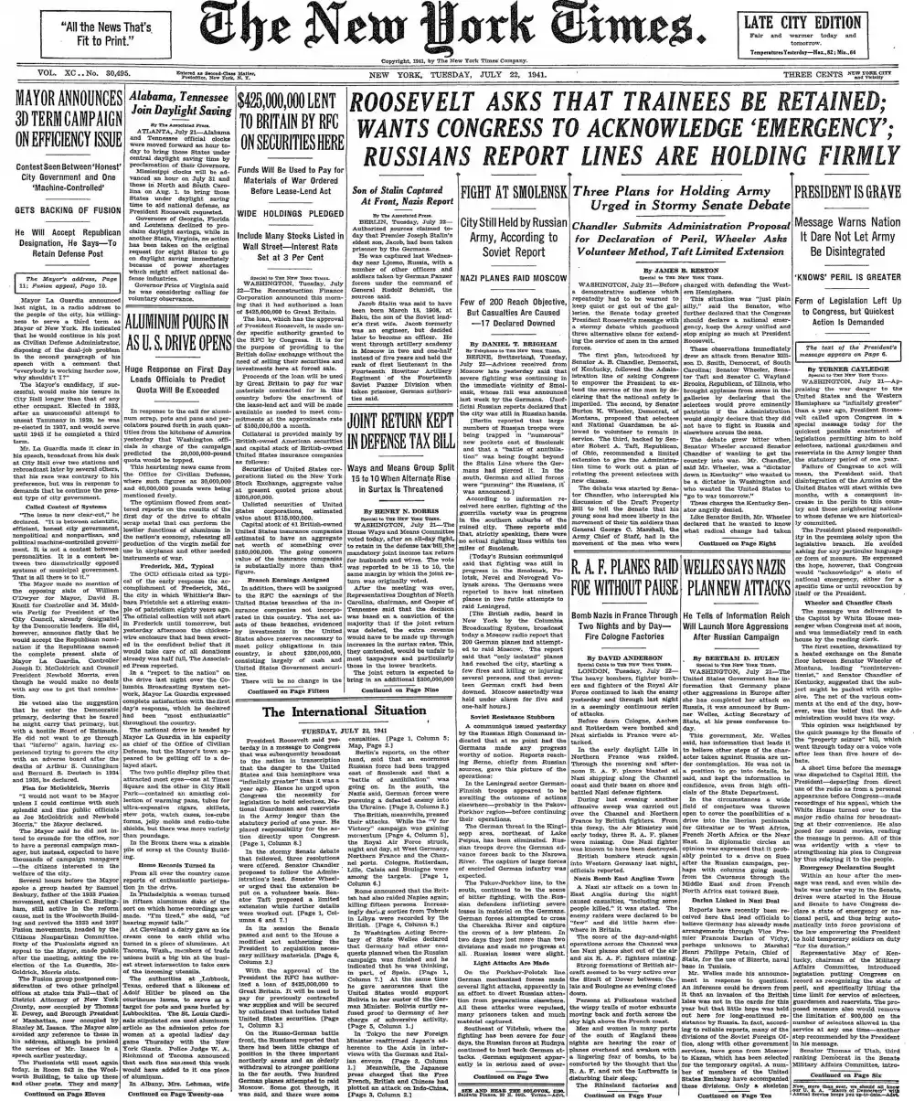 Tuesday, July 22, 1941 – The New York Times Front Page