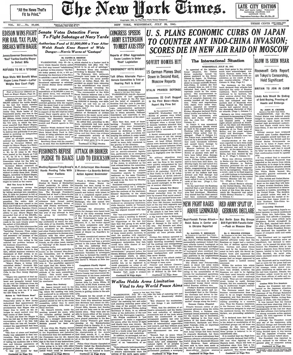 Wednesday, July 23, 1941 – The New York Times Front Page
