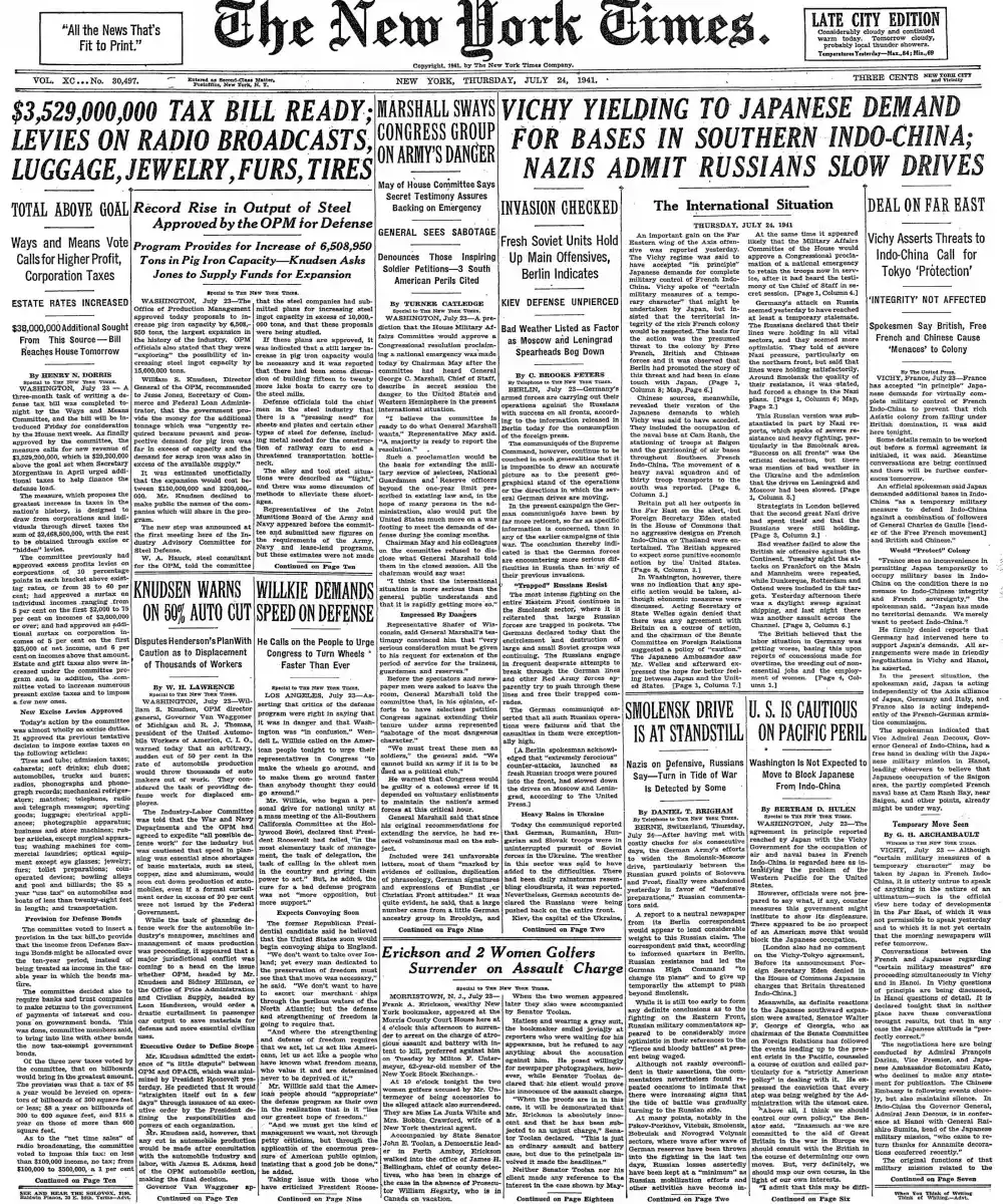 Thursday, July 24, 1941 – The New York Times Front Page