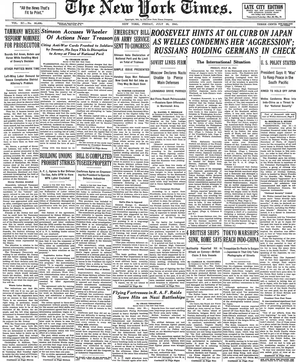 Friday, July 25, 1941 – The New York Times Front Page