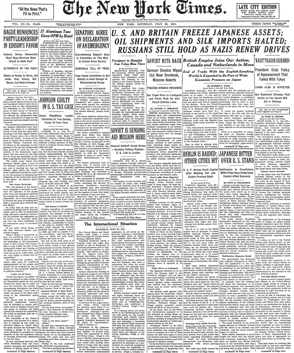Saturday, July 26, 1941 – The New York Times Front Page