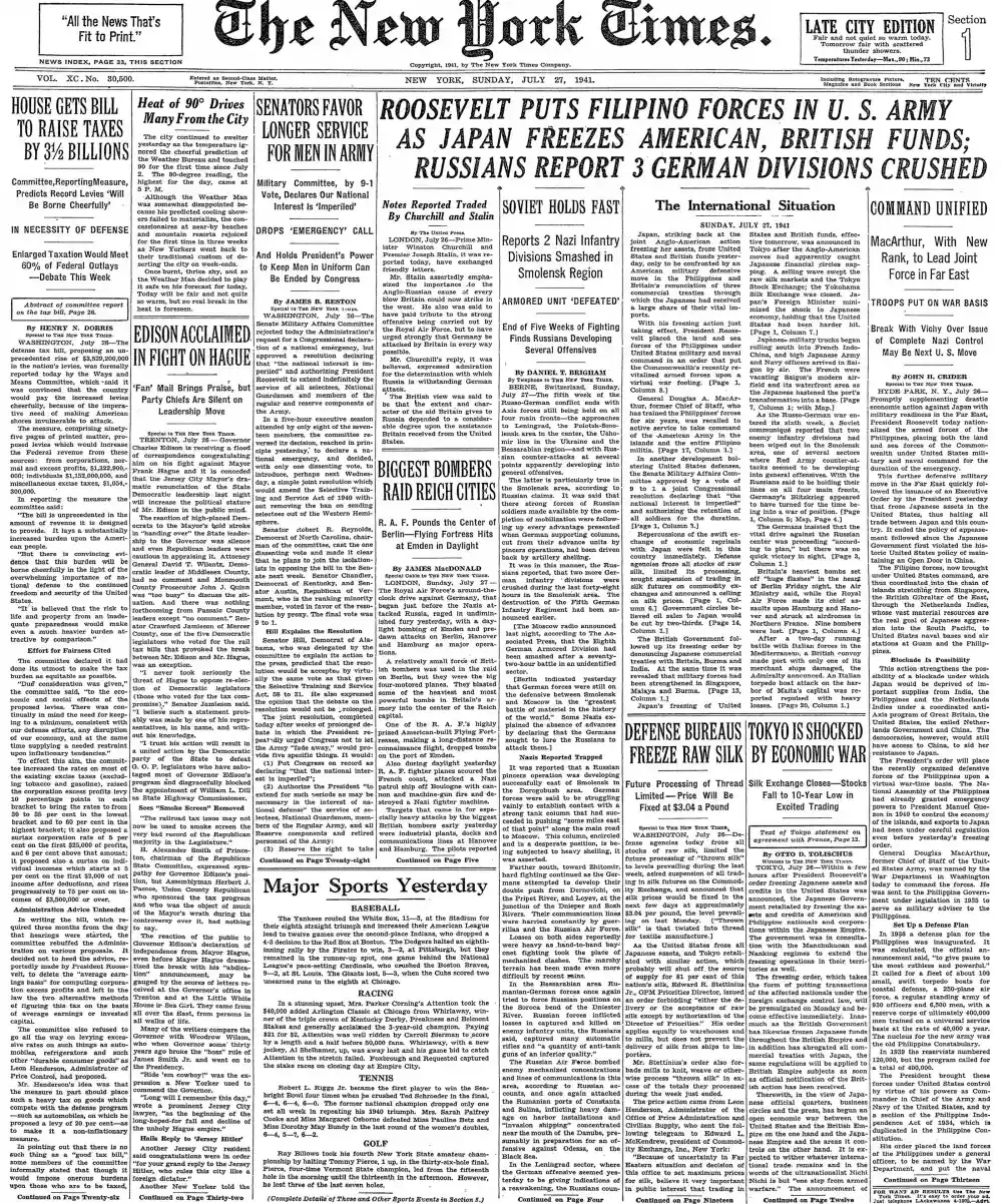 Sunday, July 27, 1941 – The New York Times Front Page