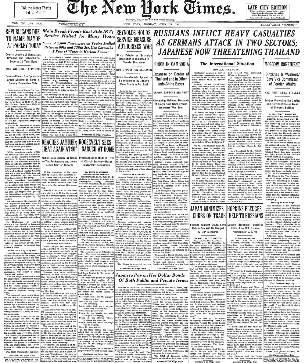 Monday, July 28, 1941 – The New York Times Front Page