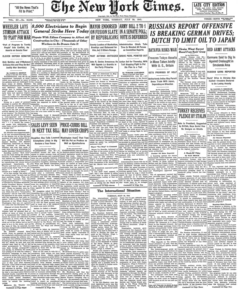 Tuesday, July 29, 1941 – The New York Times Front Page