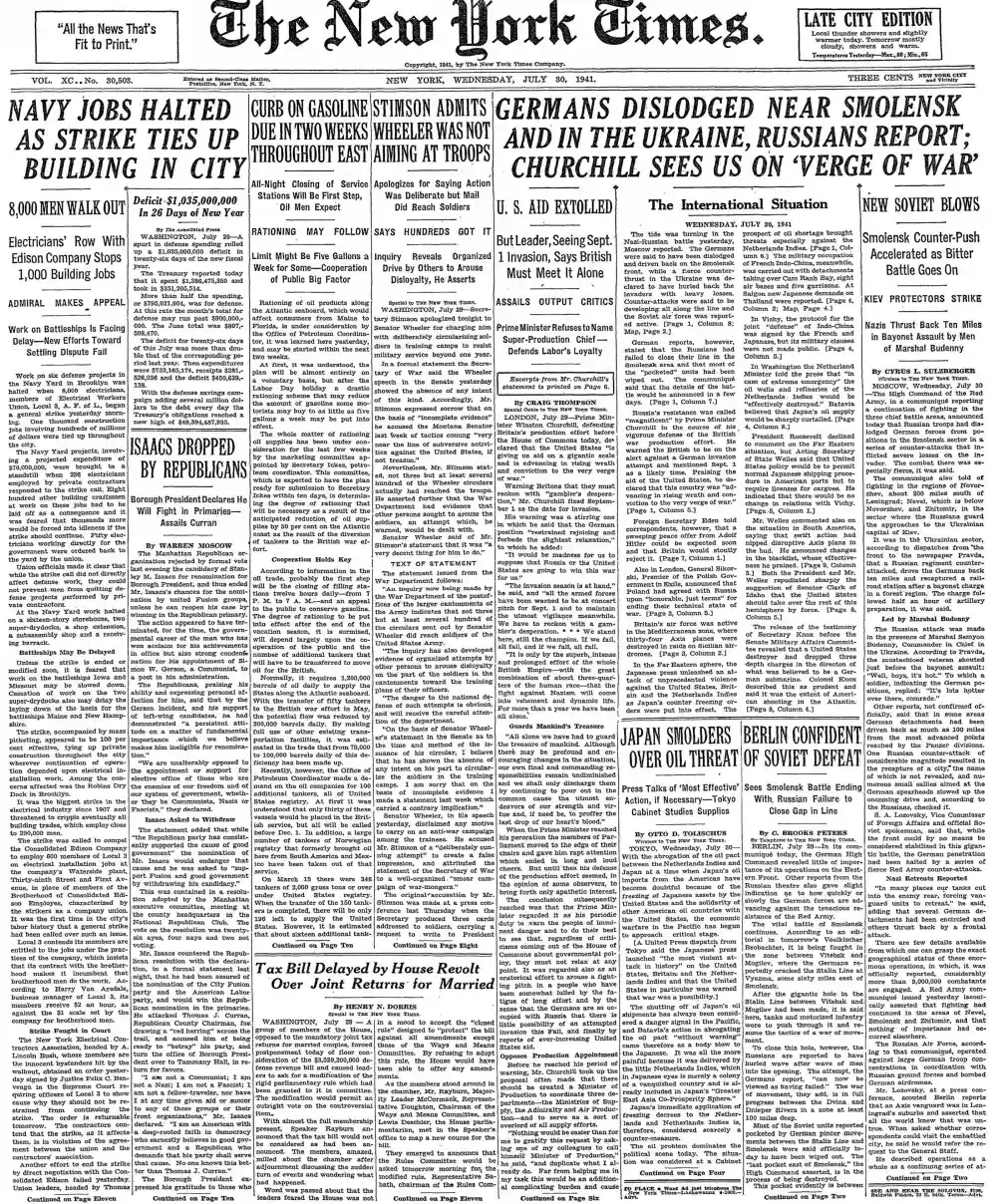 Wednesday, July 30, 1941 – The New York Times Front Page