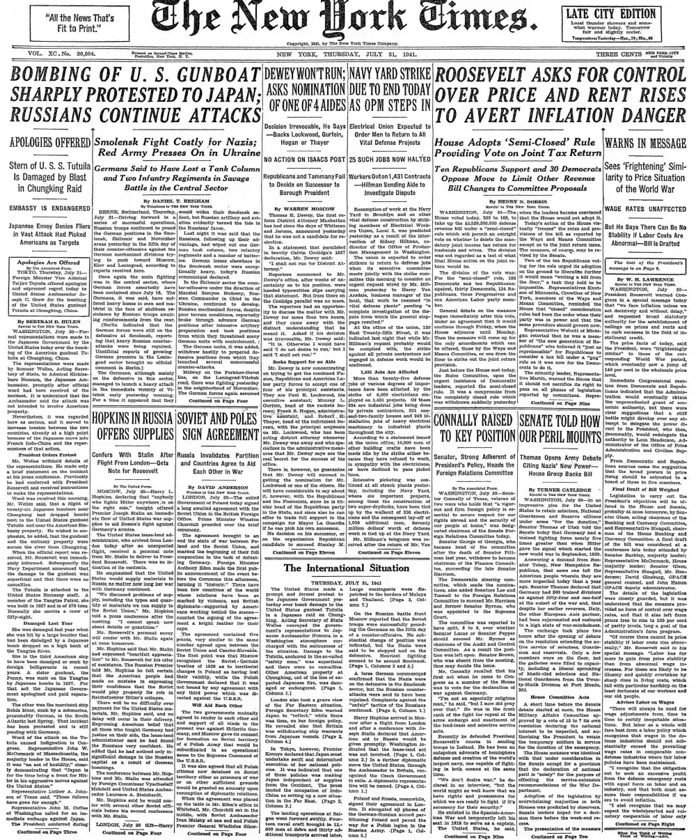 Thursday, July 31, 1941 – The New York Times Front Page