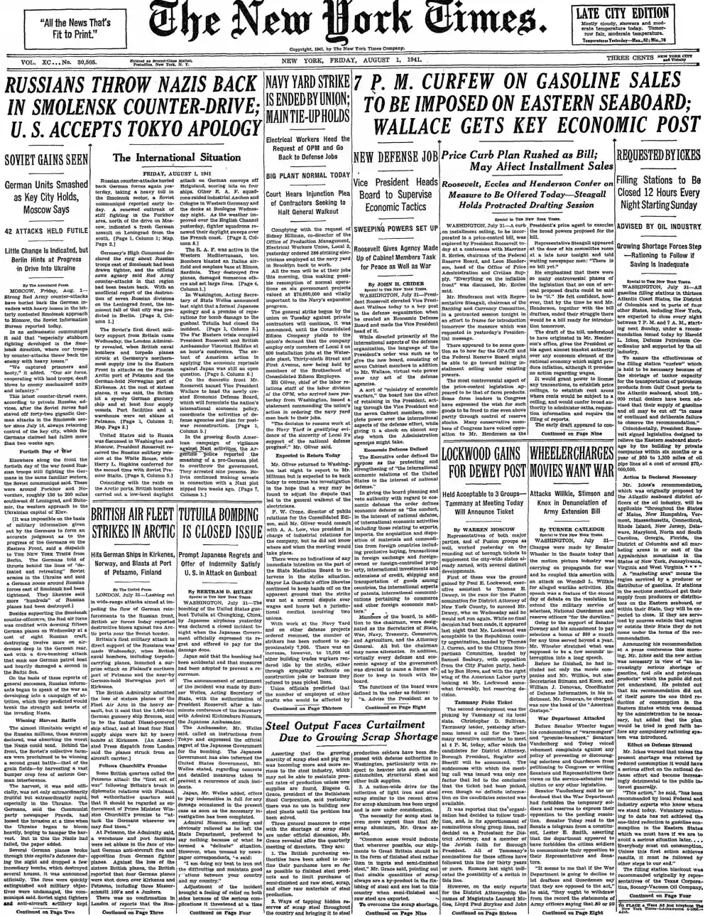 Friday, August 1, 1941 – The New York Times Front Page