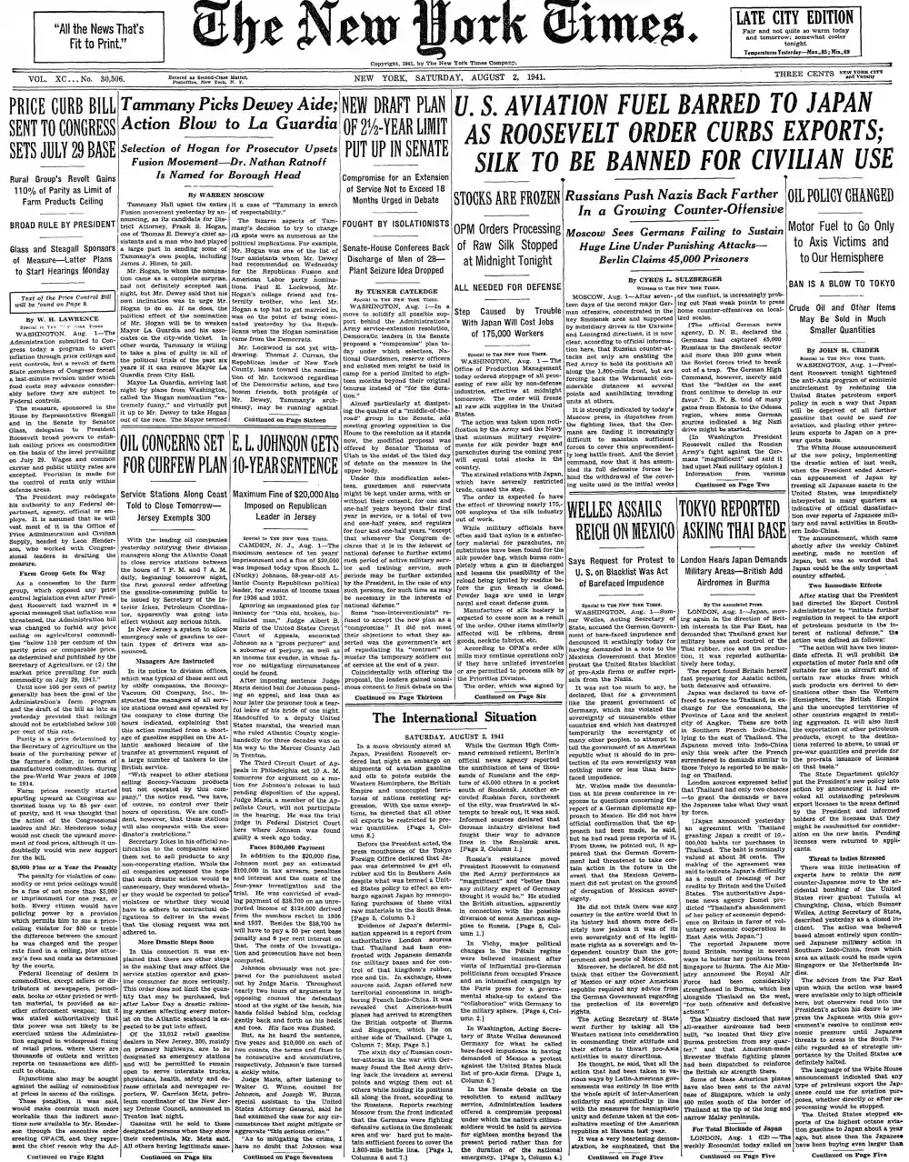 Saturday, August 2, 1941 – The New York Times Front Page
