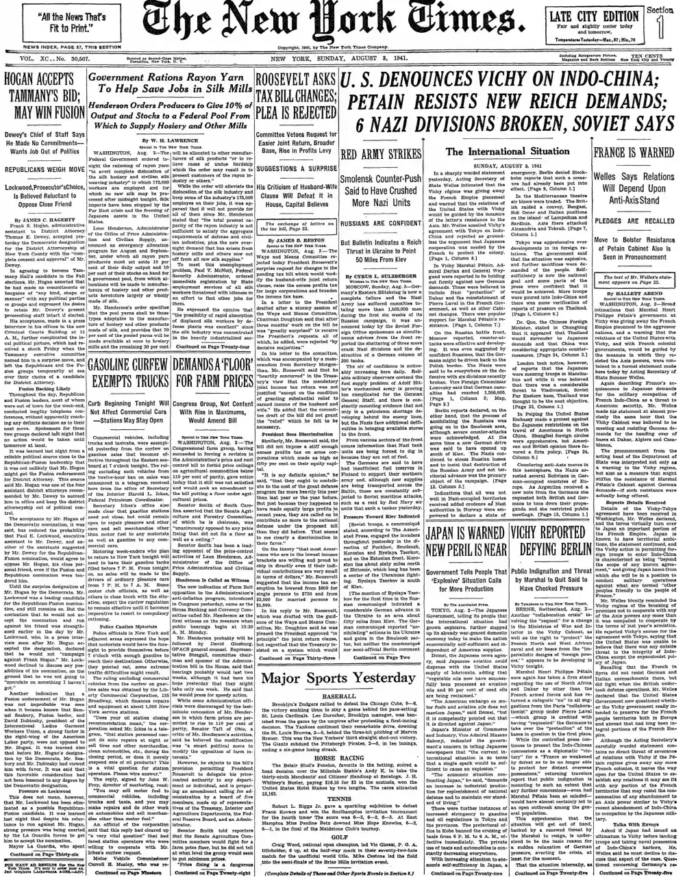 Sunday, August 3, 1941 – The New York Times Front Page