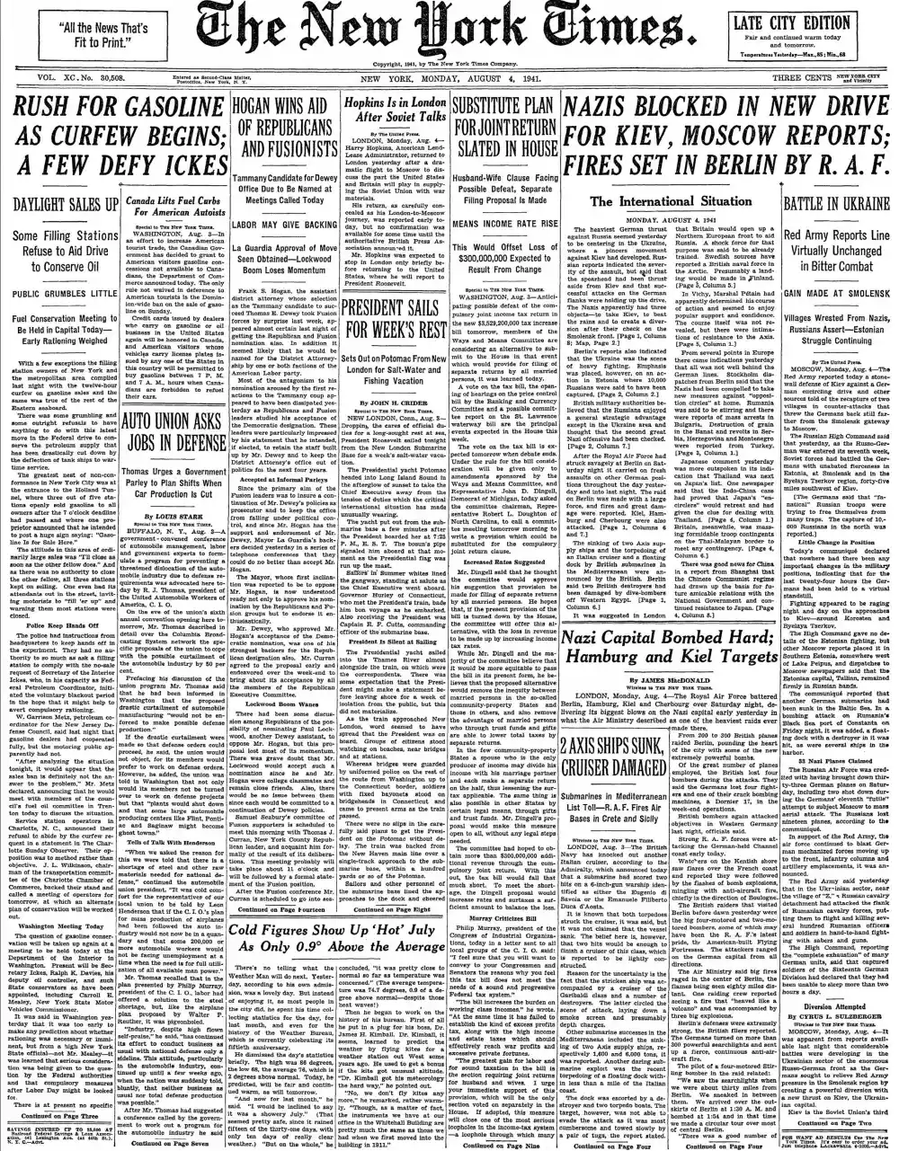 Monday, August 4, 1941 – The New York Times Front Page