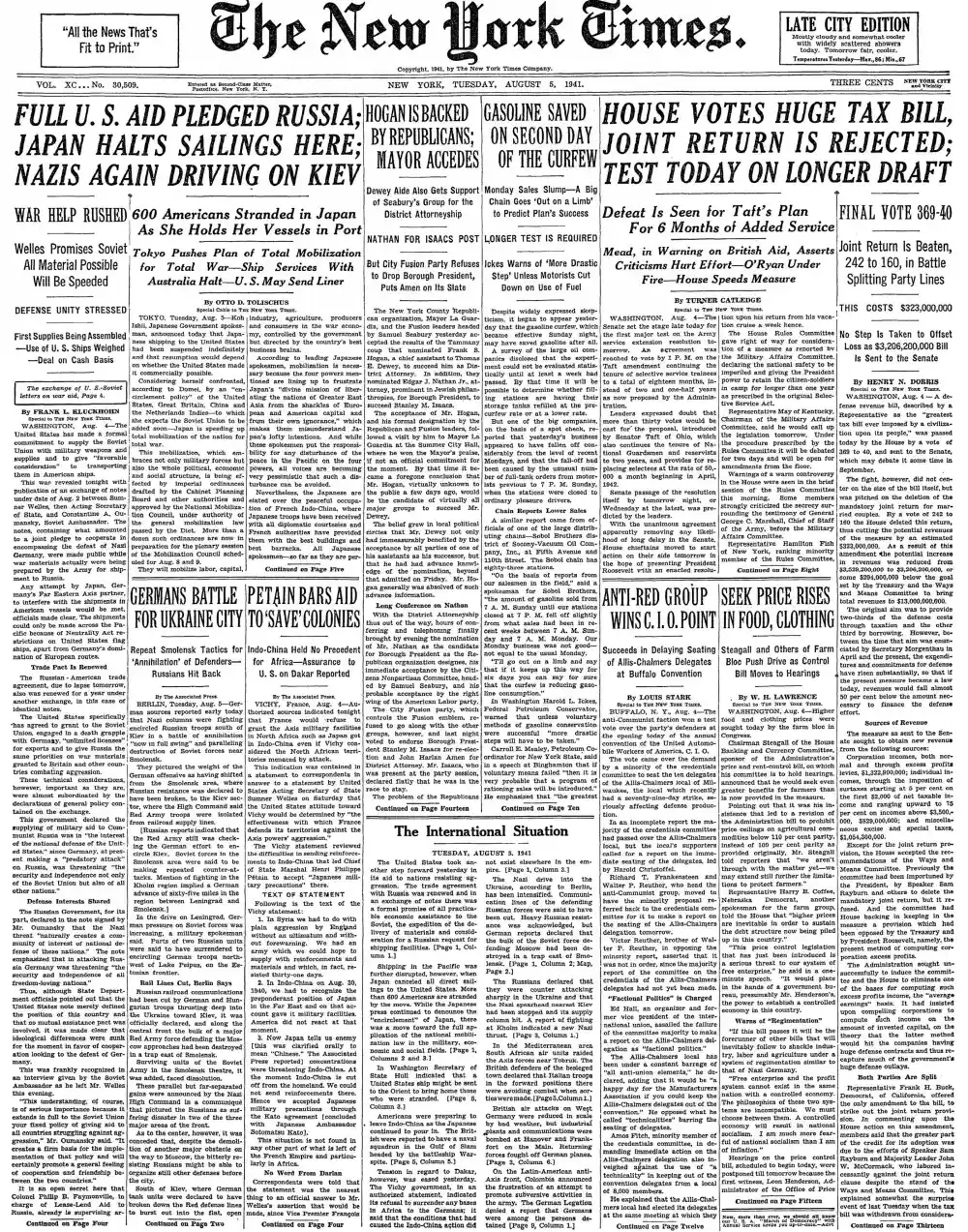 Tuesday, August 5, 1941 – The New York Times Front Page
