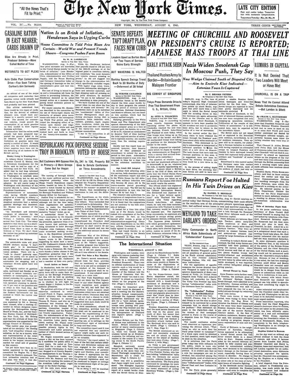 Wednesday, August 6, 1941 – The New York Times Front Page