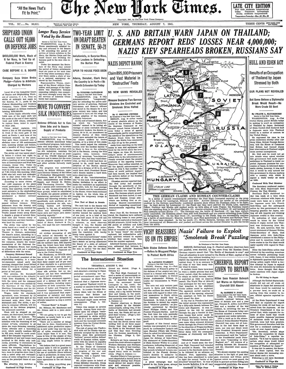 Thursday, August 7, 1941 – The New York Times Front Page