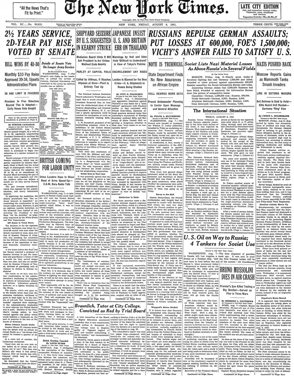 Friday, August 8, 1941 – The New York Times Front Page