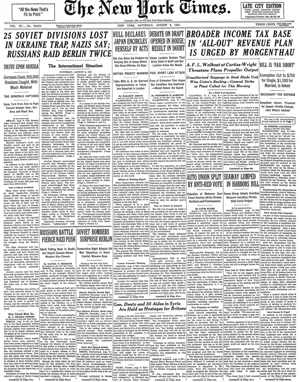 Saturday, August 9, 1941 – The New York Times Front Page