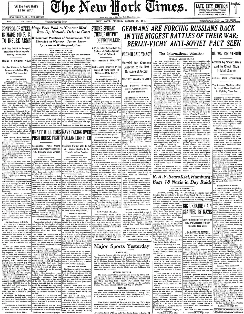 Sunday, August 10, 1941 – The New York Times Front Page