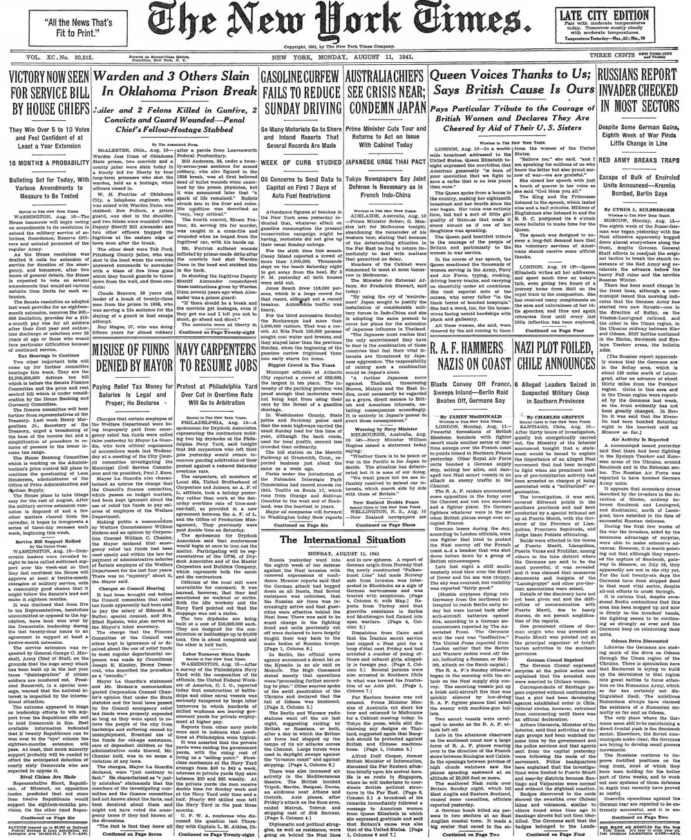 Monday, August 11, 1941 – The New York Times Front Page