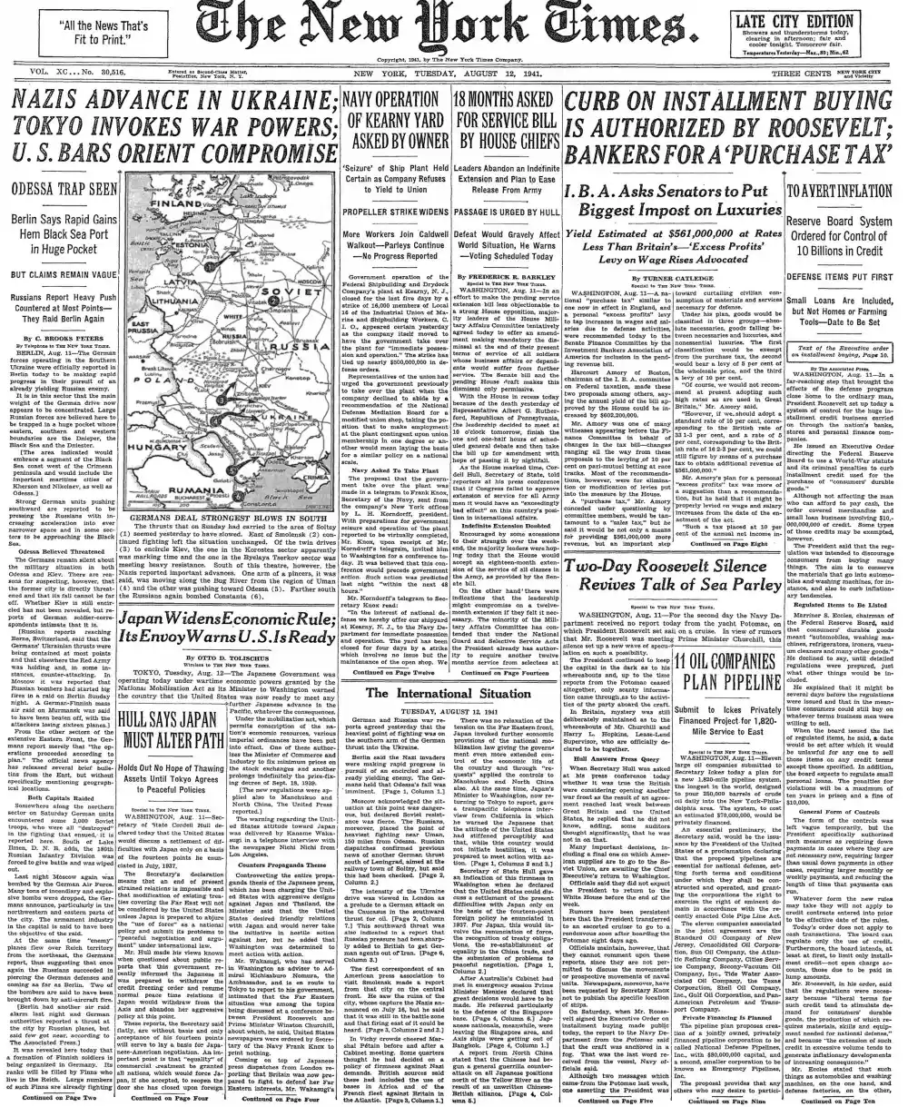 Tuesday, August 12, 1941 – The New York Times Front Page