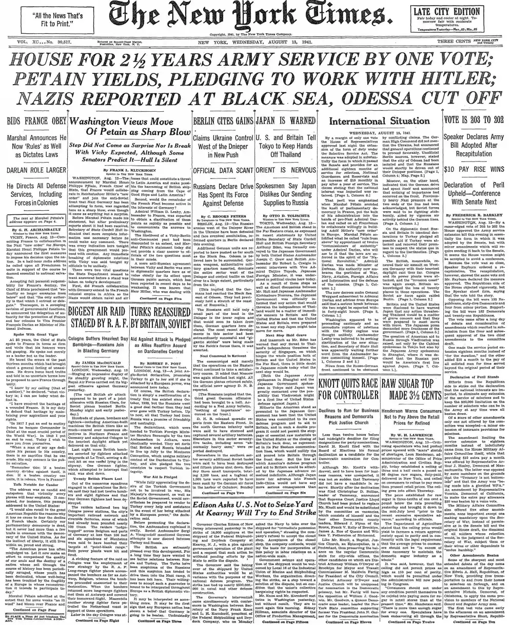 Wednesday, August 13, 1941 – The New York Times Front Page