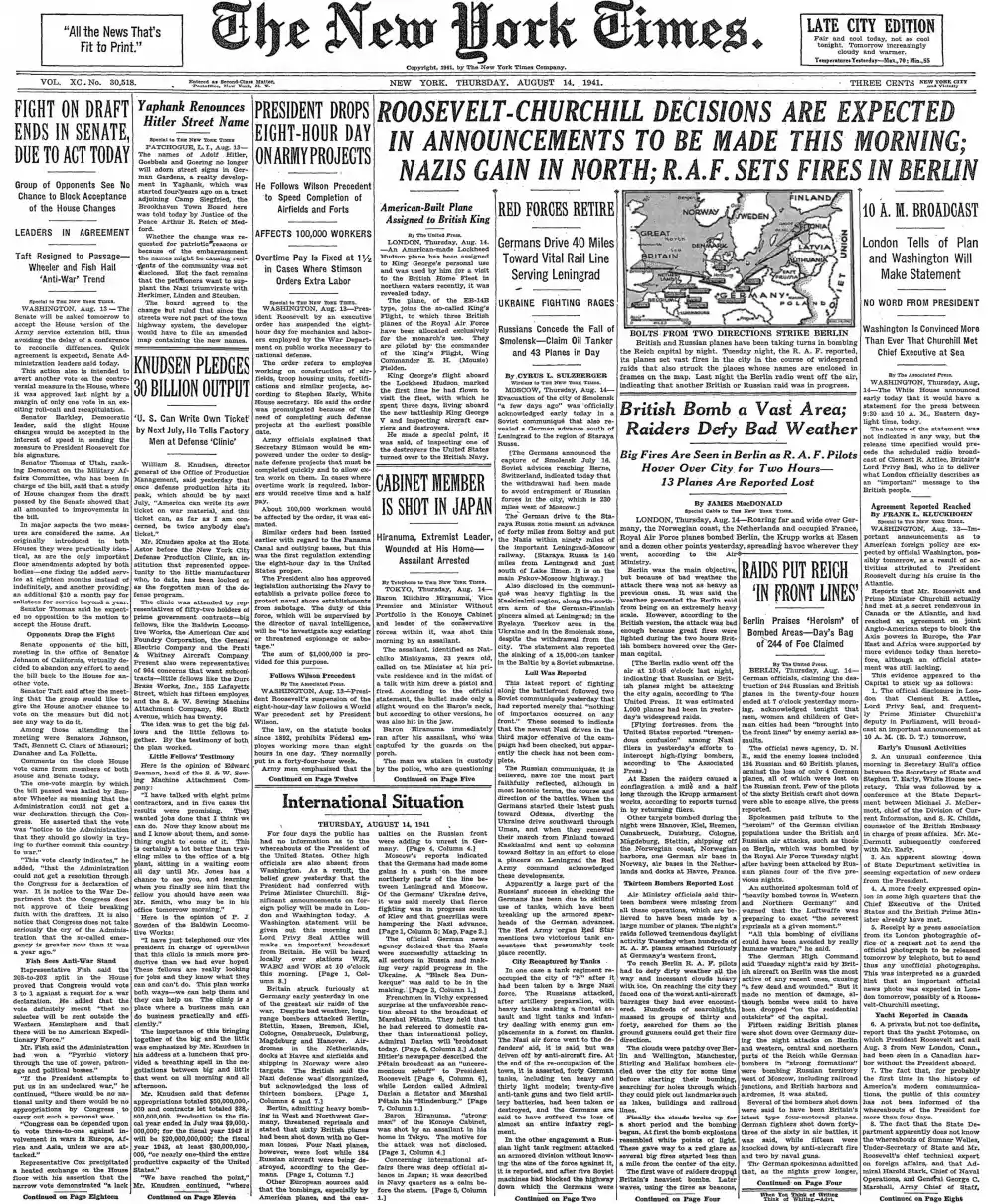 Thursday, August 14, 1941 – The New York Times Front Page