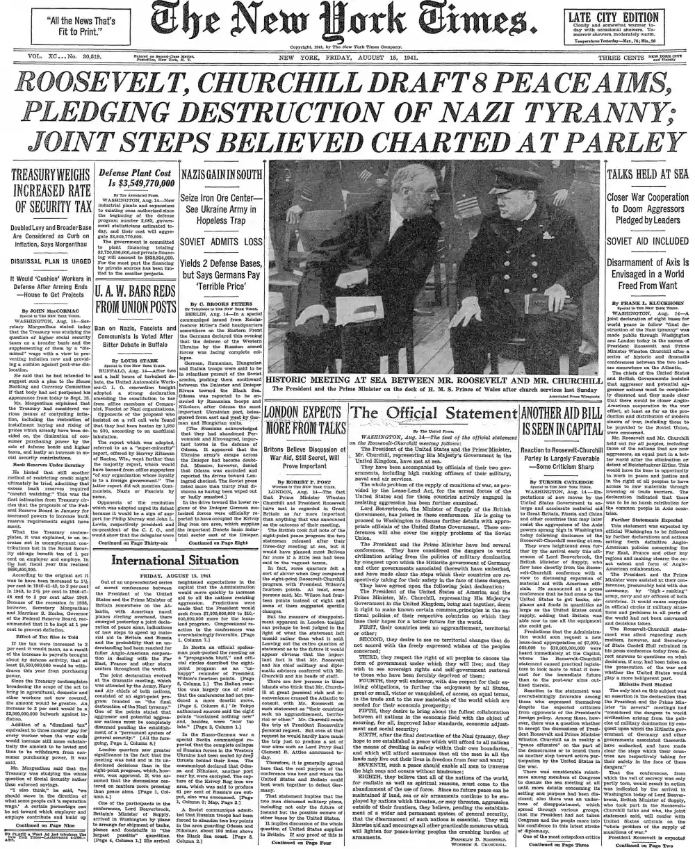 Friday, August 15, 1941 – The New York Times Front Page