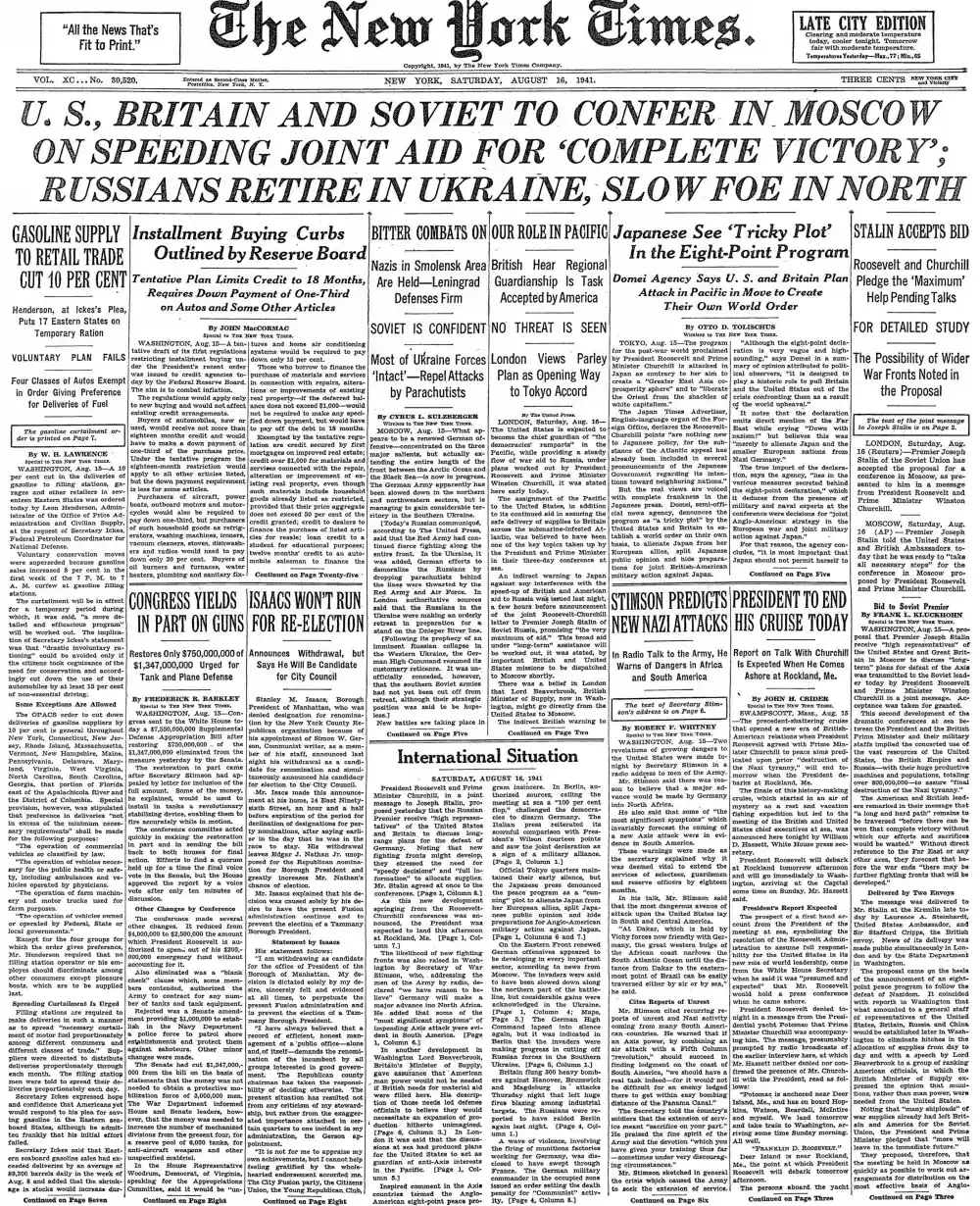 Saturday, August 16, 1941 – The New York Times Front Page