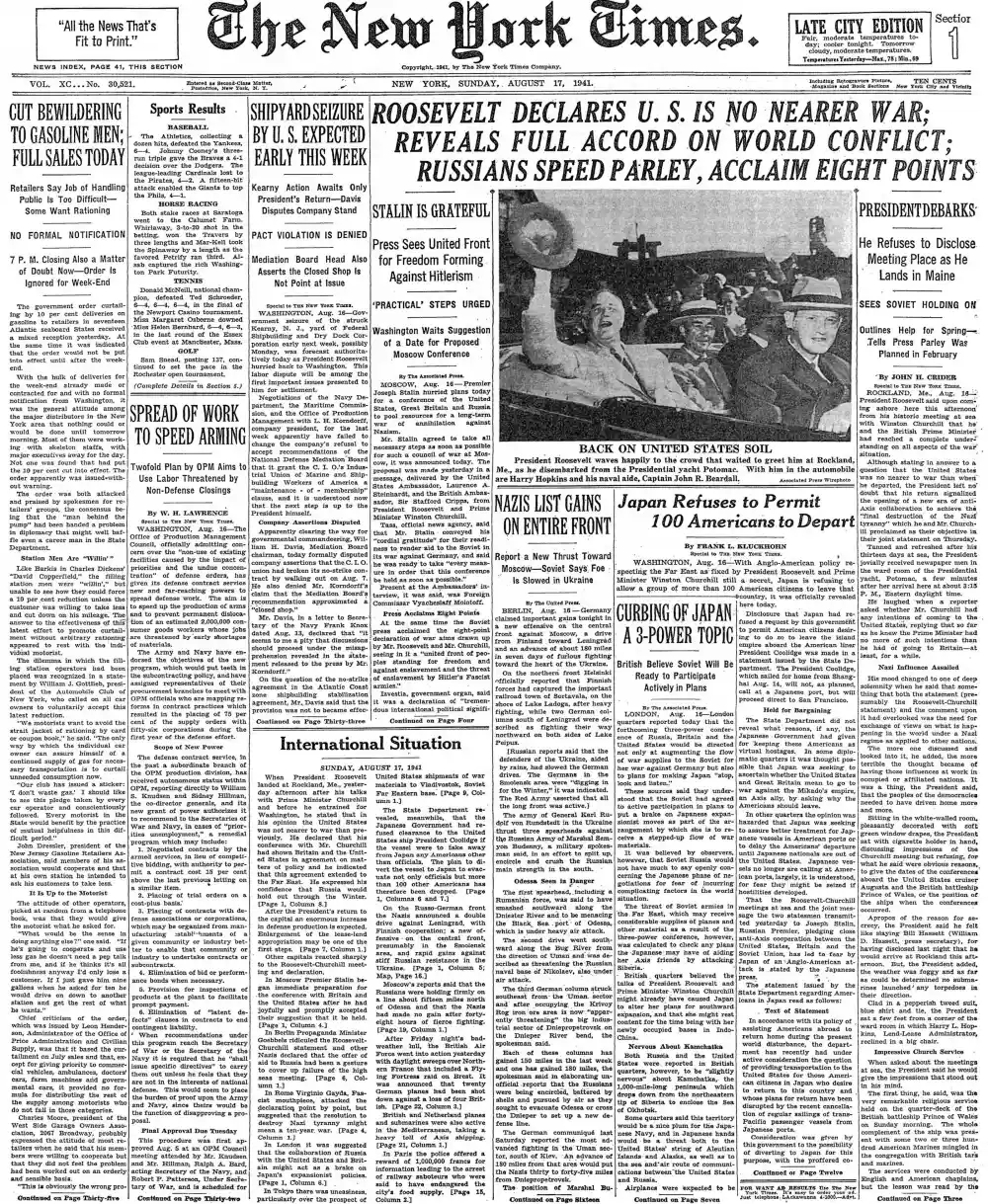 Sunday, August 17, 1941 – The New York Times Front Page