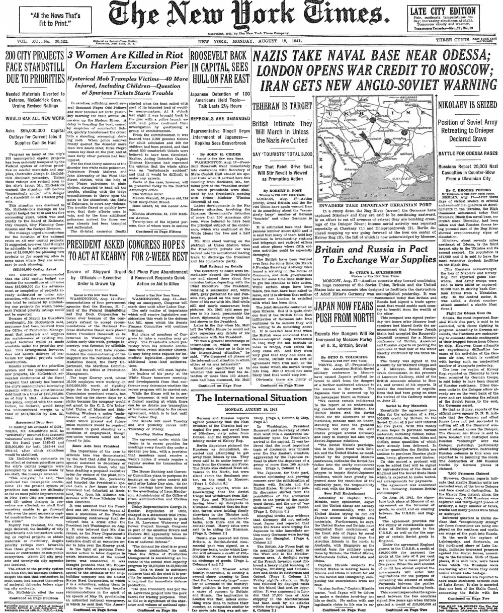 Monday, August 18, 1941 – The New York Times Front Page