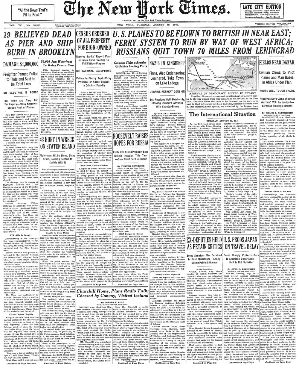 Tuesday, August 19, 1941 – The New York Times Front Page