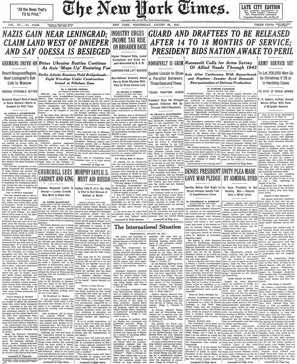 Wednesday, August 20, 1941 – The New York Times Front Page