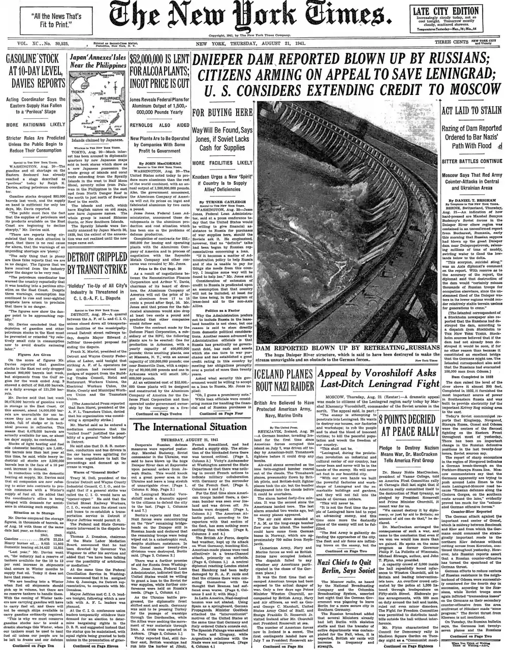 Thursday, August 21, 1941 – The New York Times Front Page
