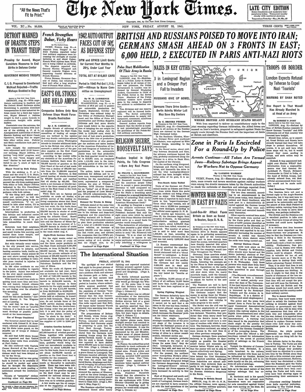 Friday, August 22, 1941 – The New York Times Front Page