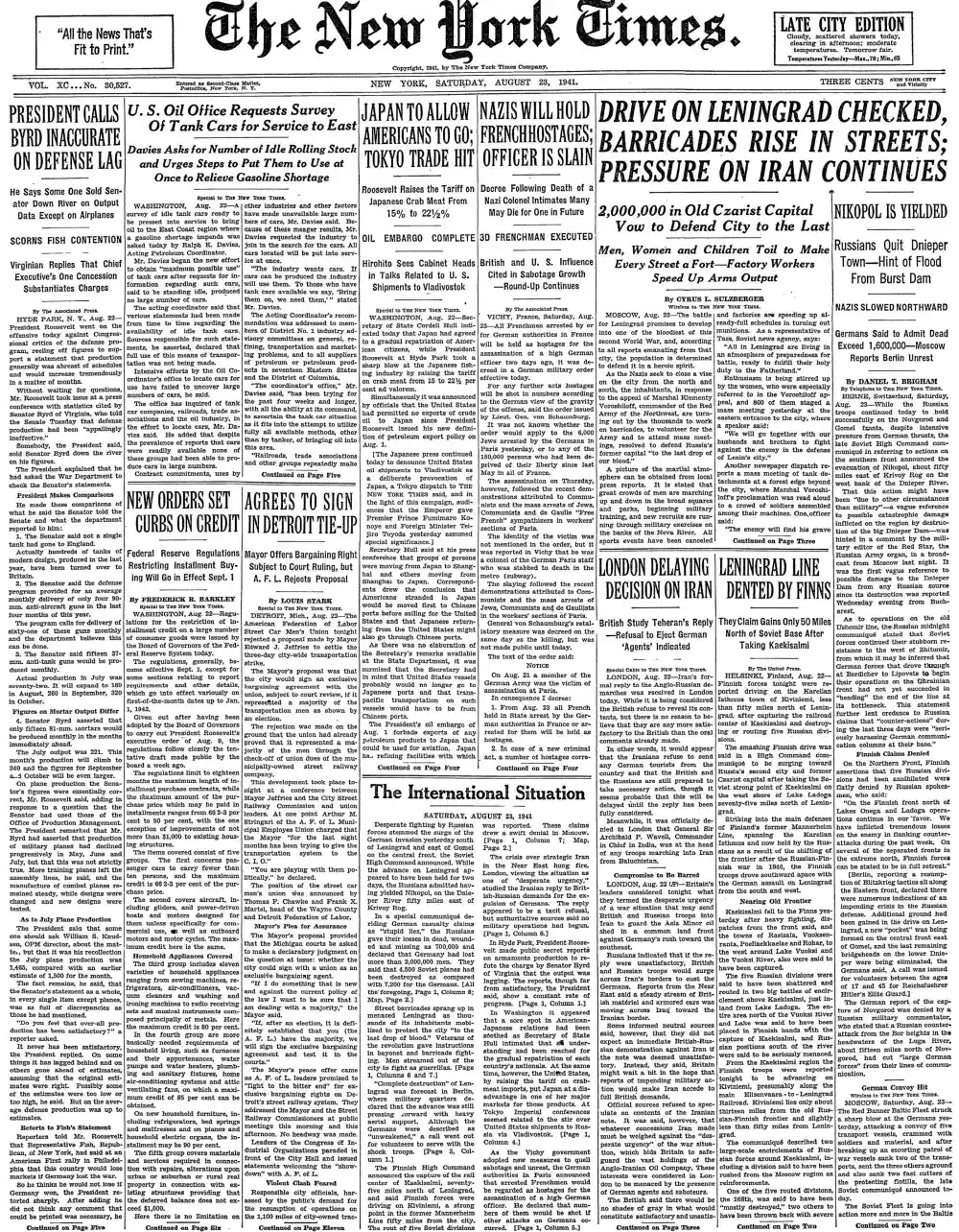 Saturday, August 23, 1941 – The New York Times Front Page