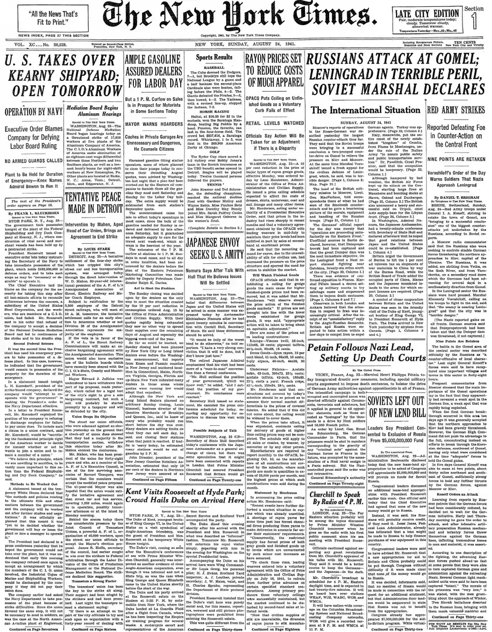 Sunday, August 24, 1941 – The New York Times Front Page