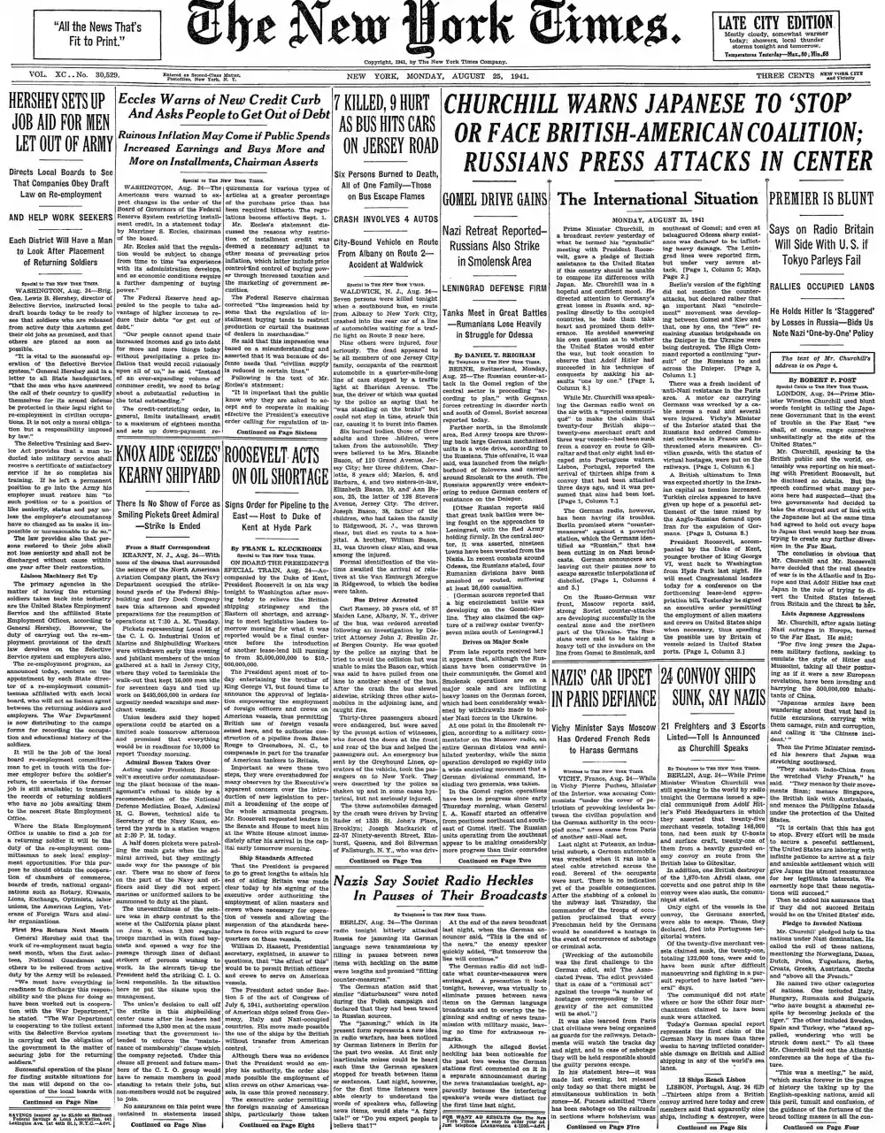 Monday, August 25, 1941 – The New York Times Front Page